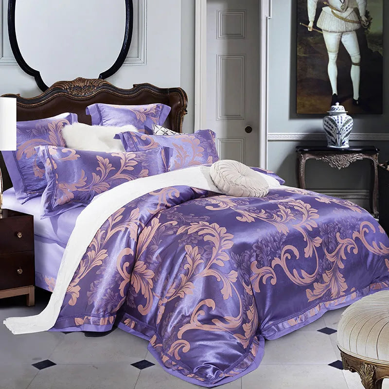 European-style 4-piece pure cotton sateen jacquard bedding set with quilt cover, fitted sheet and two pillowcases shown on a bed