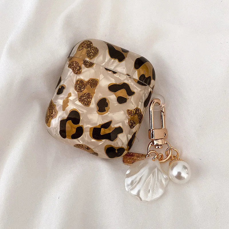 Shell yellow leopard print TPU case for AirPods Pro showing flip design and decorative ornaments