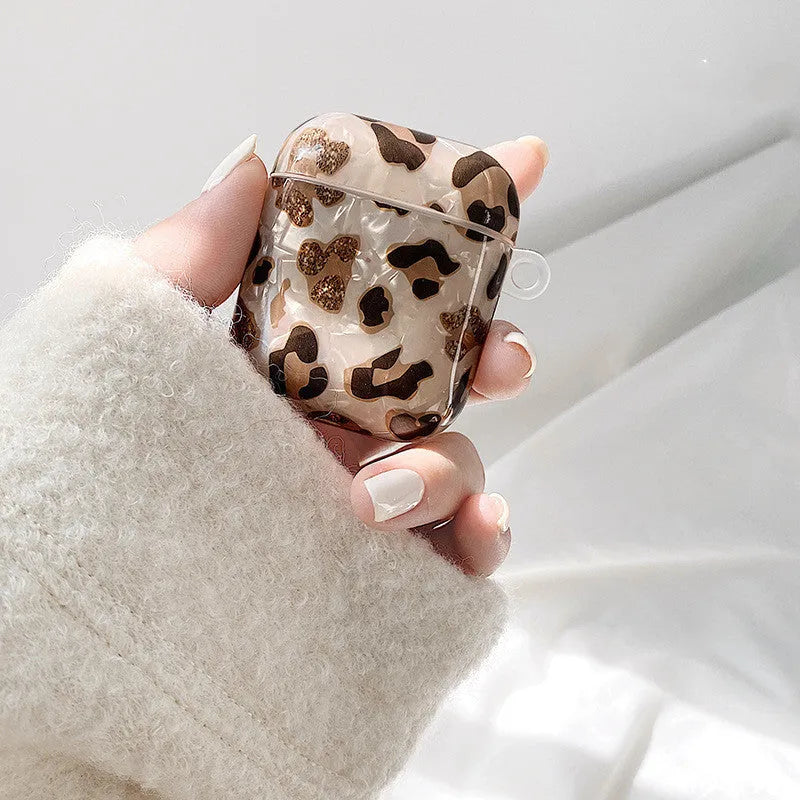 Shell yellow leopard print TPU case for AirPods Pro showing flip design and decorative ornaments