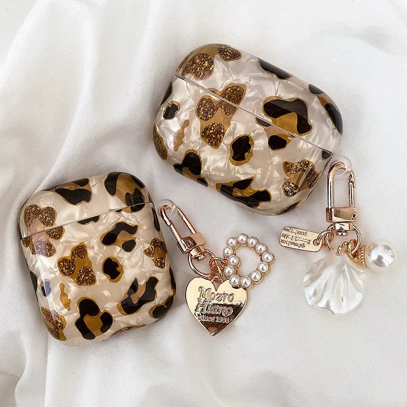 Shell yellow leopard print TPU case for AirPods Pro showing flip design and decorative ornaments