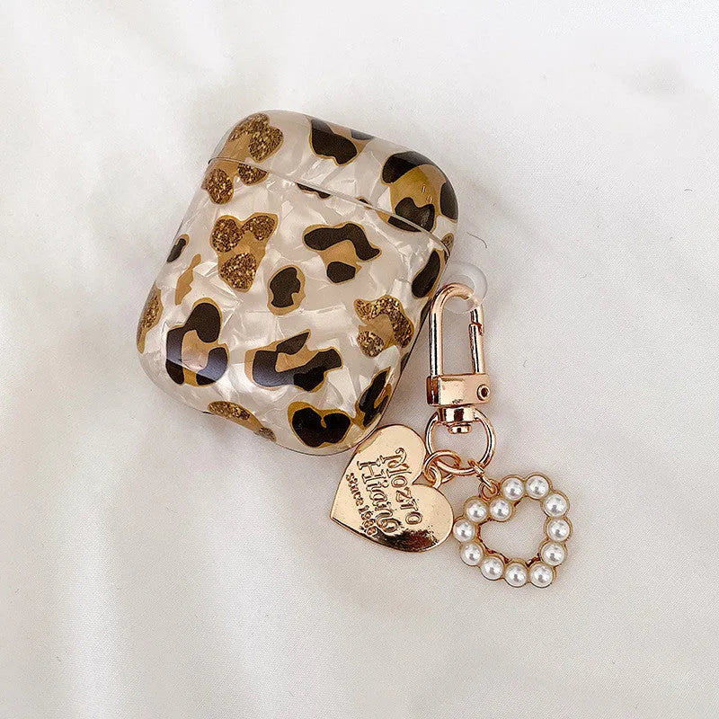 Shell yellow leopard print TPU case for AirPods Pro showing flip design and decorative ornaments