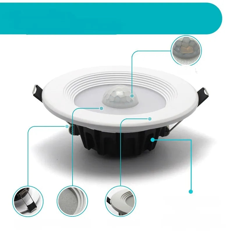 Infrared motion sensing LED downlight spotlight with aluminium housing for ceiling installation