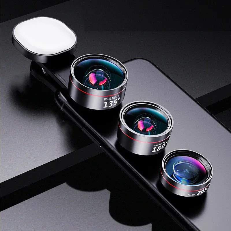 Universal smartphone fill light attachment with optional camera lenses including wide-angle, macro, and fish-eye options