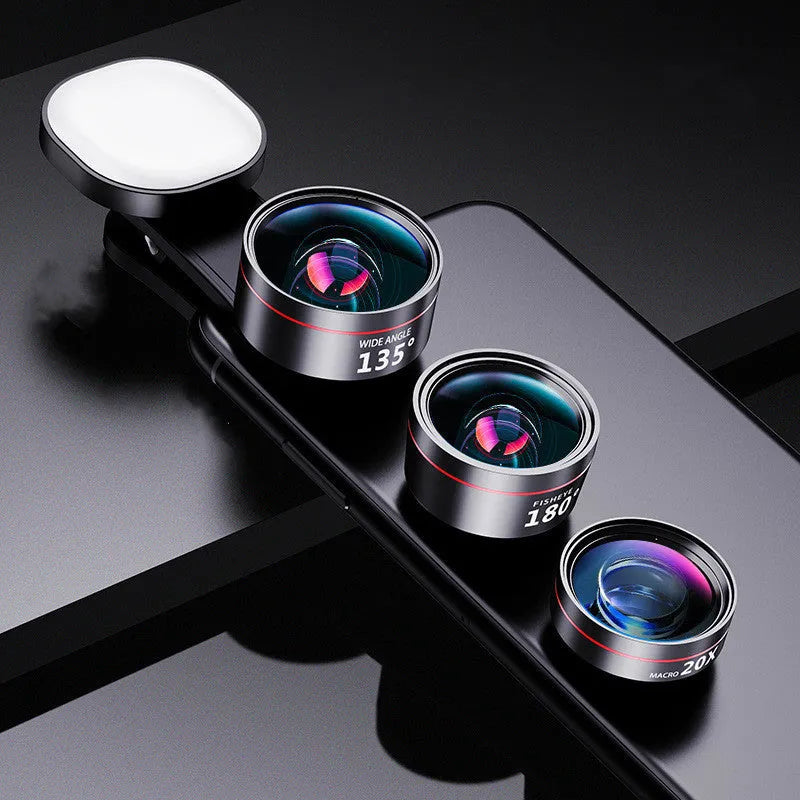 Universal smartphone fill light attachment with optional camera lenses including wide-angle, macro, and fish-eye options