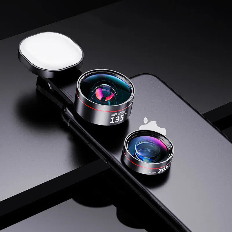 Universal smartphone fill light attachment with optional camera lenses including wide-angle, macro, and fish-eye options