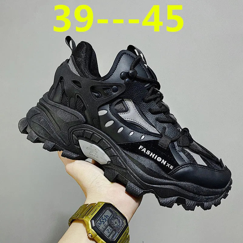 Men's casual daddy shoes round head thick sole synthetic leather lace-up sneakers with belt decoration in white