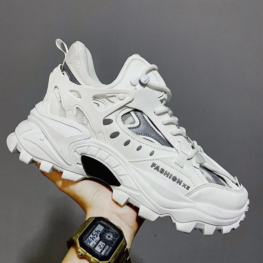 Men's casual daddy shoes round head thick sole synthetic leather lace-up sneakers with belt decoration in white