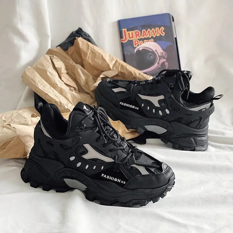 Men's casual daddy shoes round head thick sole synthetic leather lace-up sneakers with belt decoration in white