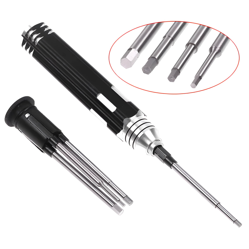 Black four-in-one hexagon socket screwdriver set with aluminium handle and four carbon steel bits