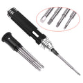 Black four-in-one hexagon socket screwdriver set with aluminium handle and four carbon steel bits