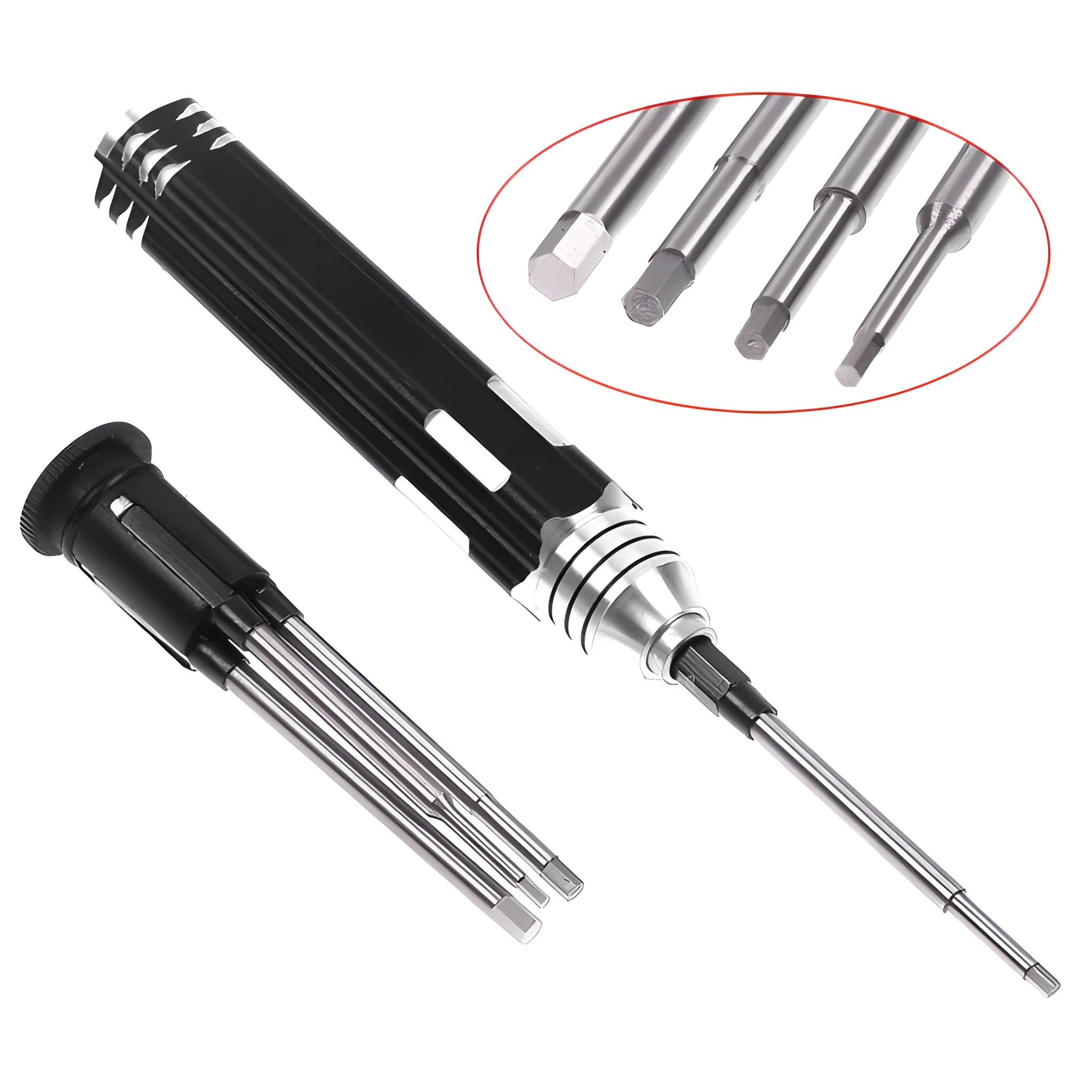 Black four-in-one hexagon socket screwdriver set with aluminium handle and four carbon steel bits