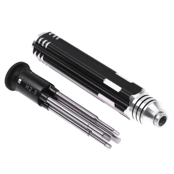 Black four-in-one hexagon socket screwdriver set with aluminium handle and four carbon steel bits