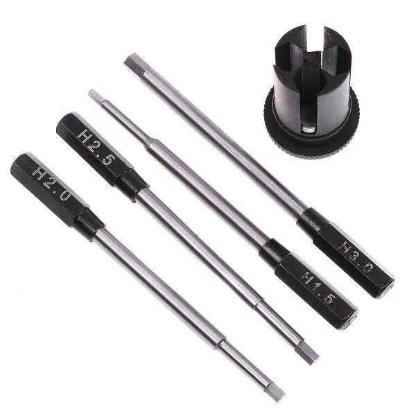 Black four-in-one hexagon socket screwdriver set with aluminium handle and four carbon steel bits