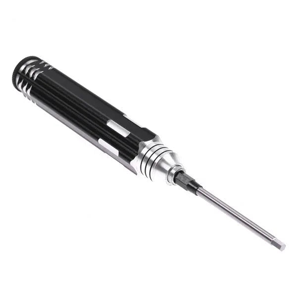 Black four-in-one hexagon socket screwdriver set with aluminium handle and four carbon steel bits