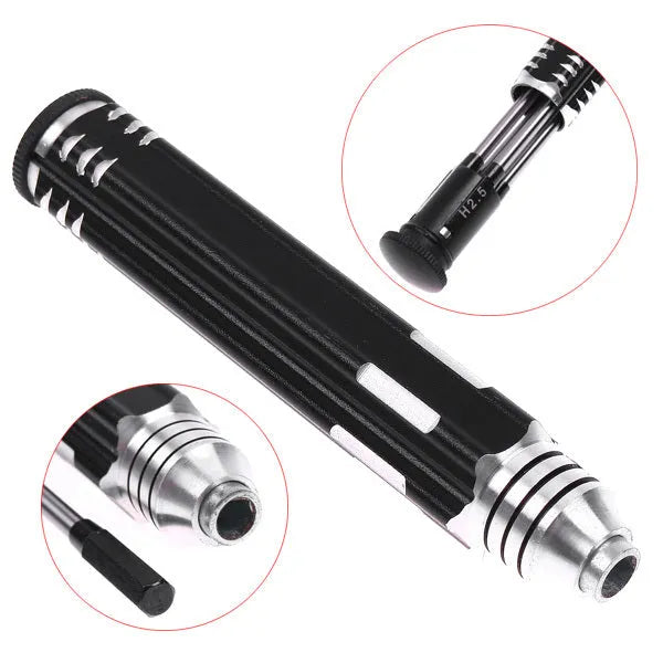 Black four-in-one hexagon socket screwdriver set with aluminium handle and four carbon steel bits