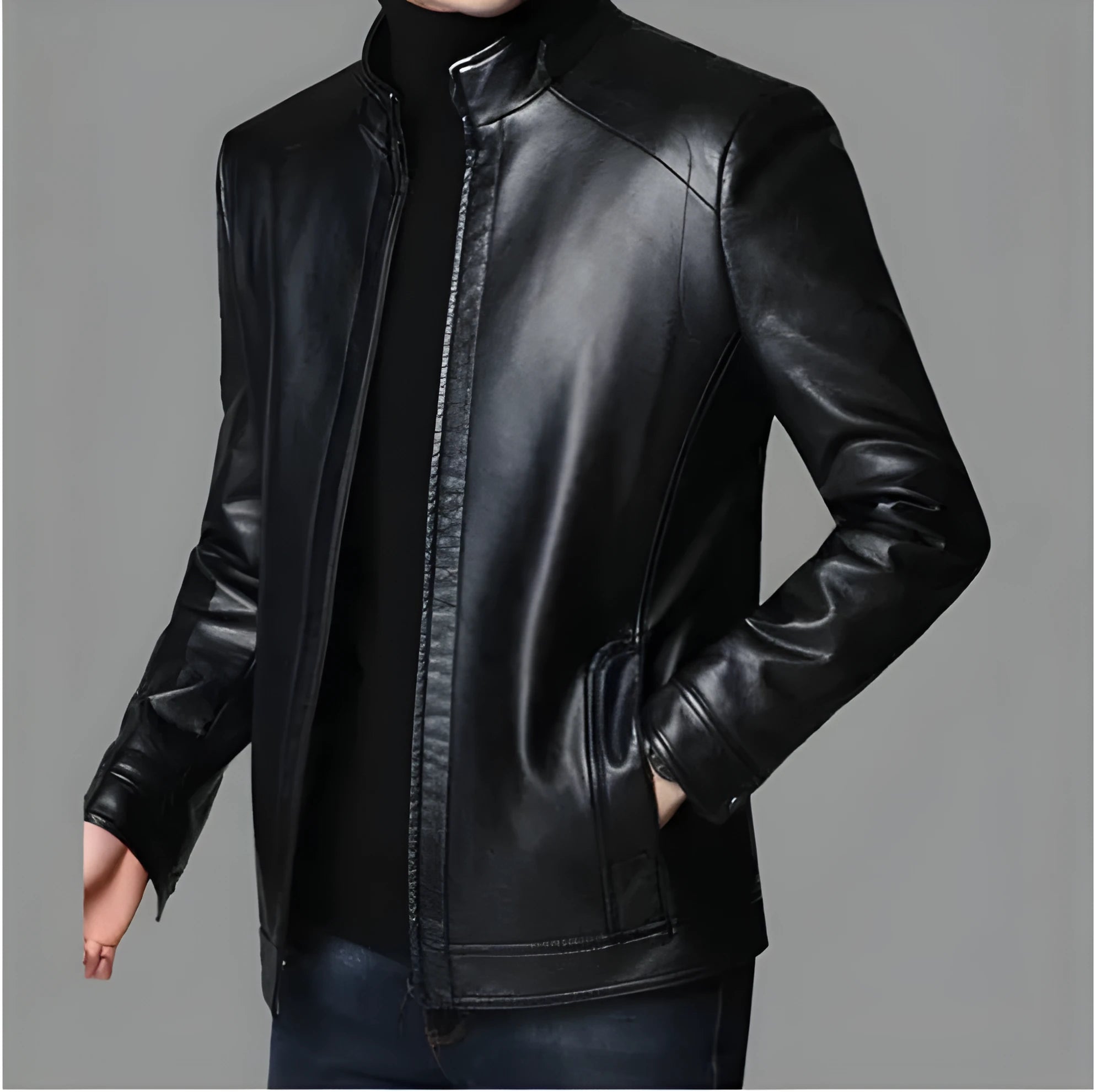 Men's loose fit artificial leather jacket with stand-up collar and epaulettes in black and brown, sizes 170-190