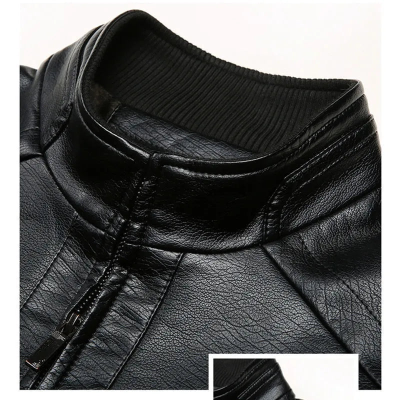 Men's loose fit artificial leather jacket with stand-up collar and epaulettes in black and brown, sizes 170-190