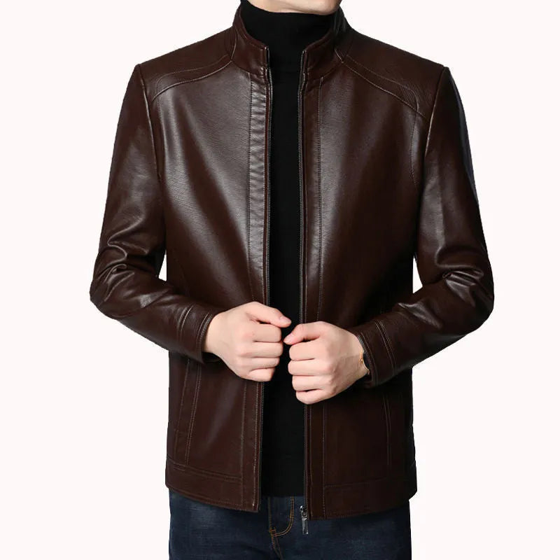 Men's loose fit artificial leather jacket with stand-up collar and epaulettes in black and brown, sizes 170-190