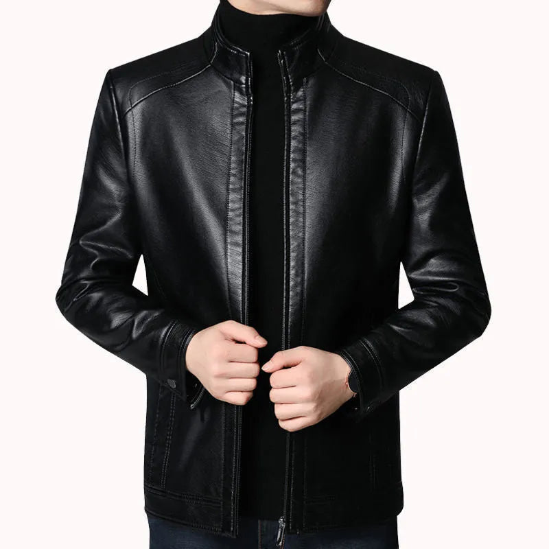Men's loose fit artificial leather jacket with stand-up collar and epaulettes in black and brown, sizes 170-190