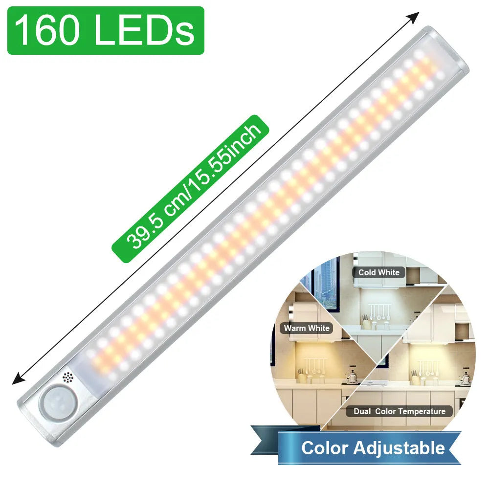 USB rechargeable aluminum alloy cabinet light with body motion sensor for wardrobes.