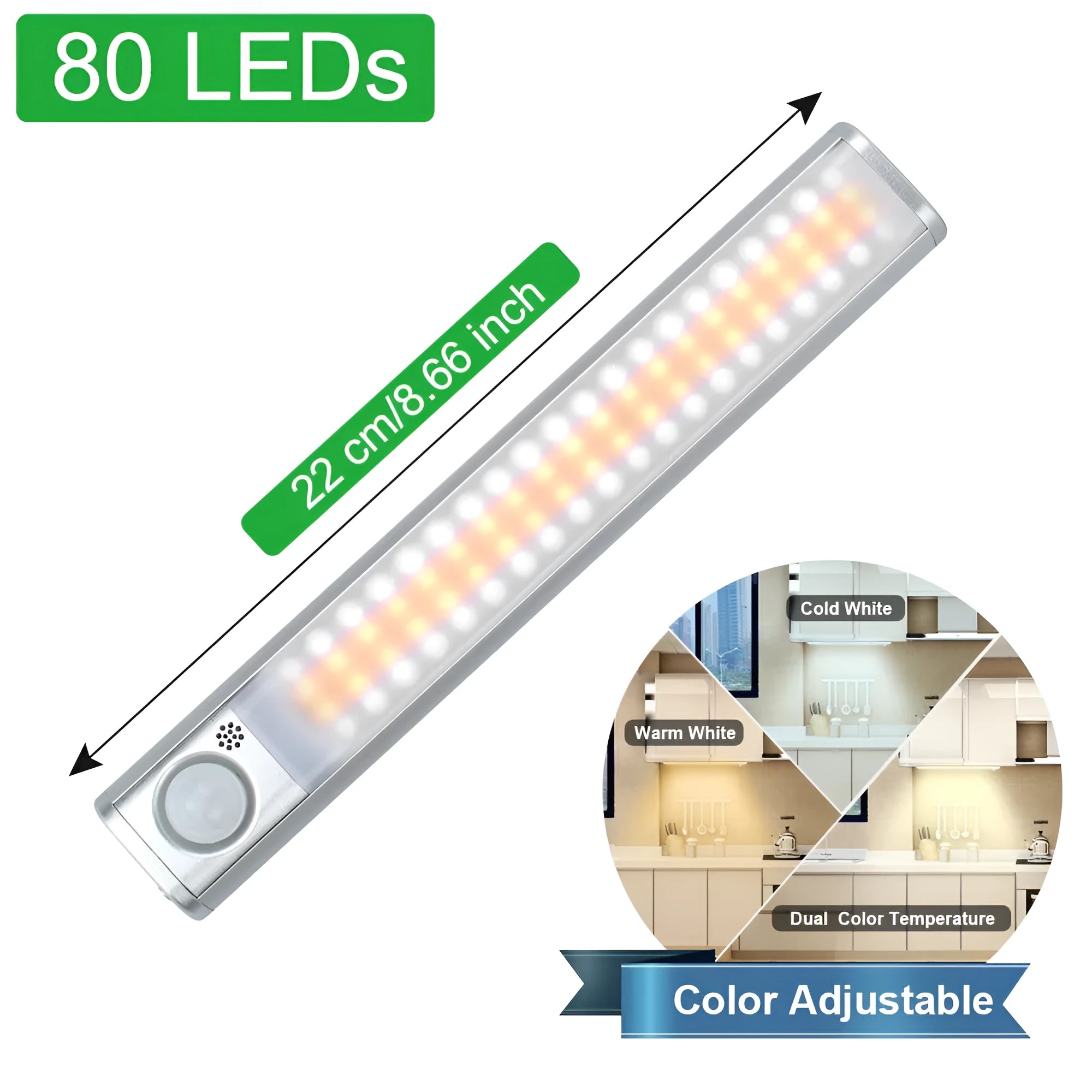 USB rechargeable aluminum alloy cabinet light with body motion sensor for wardrobes.