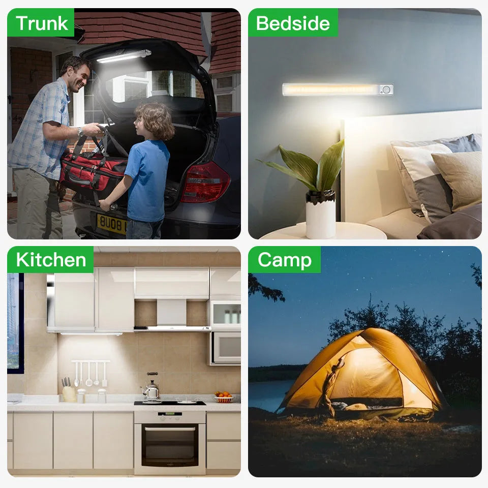 USB rechargeable aluminum alloy cabinet light with body motion sensor for wardrobes.