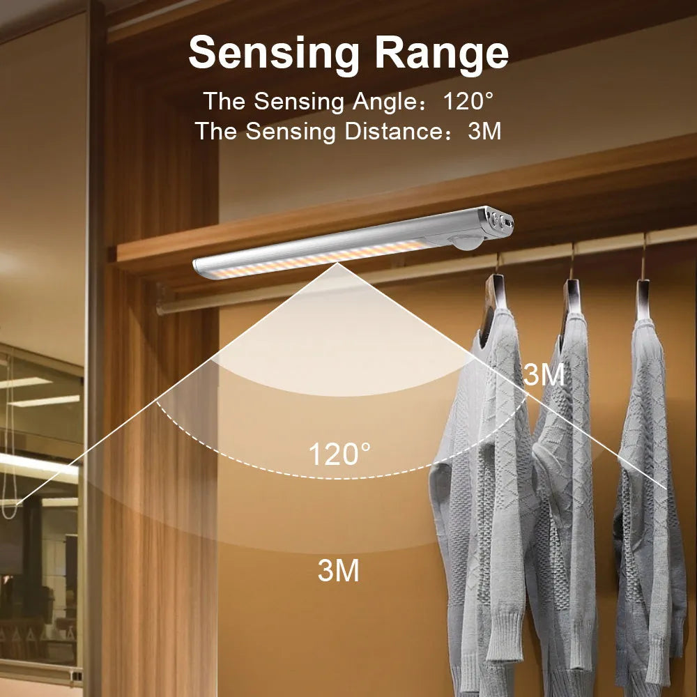 USB rechargeable aluminum alloy cabinet light with body motion sensor for wardrobes.