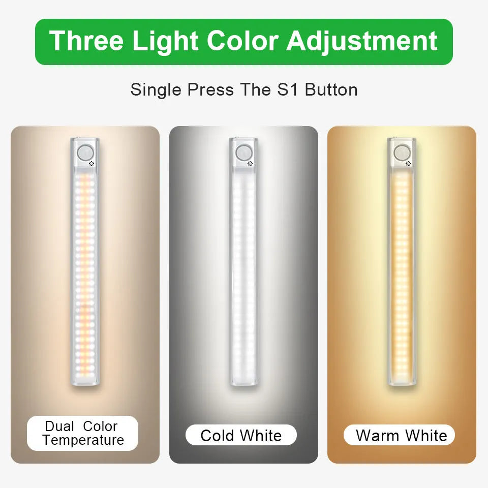 USB rechargeable aluminum alloy cabinet light with body motion sensor for wardrobes.