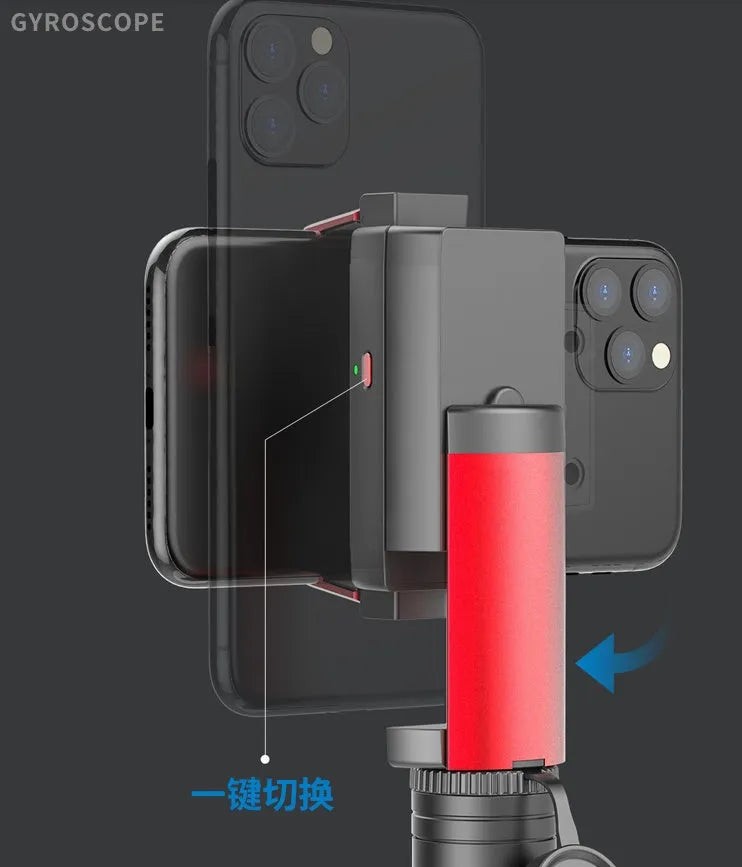 Black red aluminium video balance stabilizer tripod extended to 716mm holding an iPhone smartphone