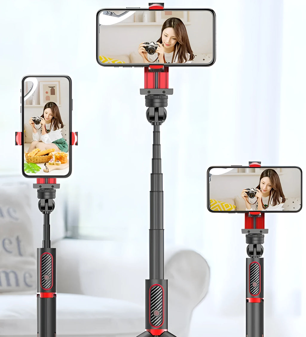 Black red aluminium video balance stabilizer tripod extended to 716mm holding an iPhone smartphone