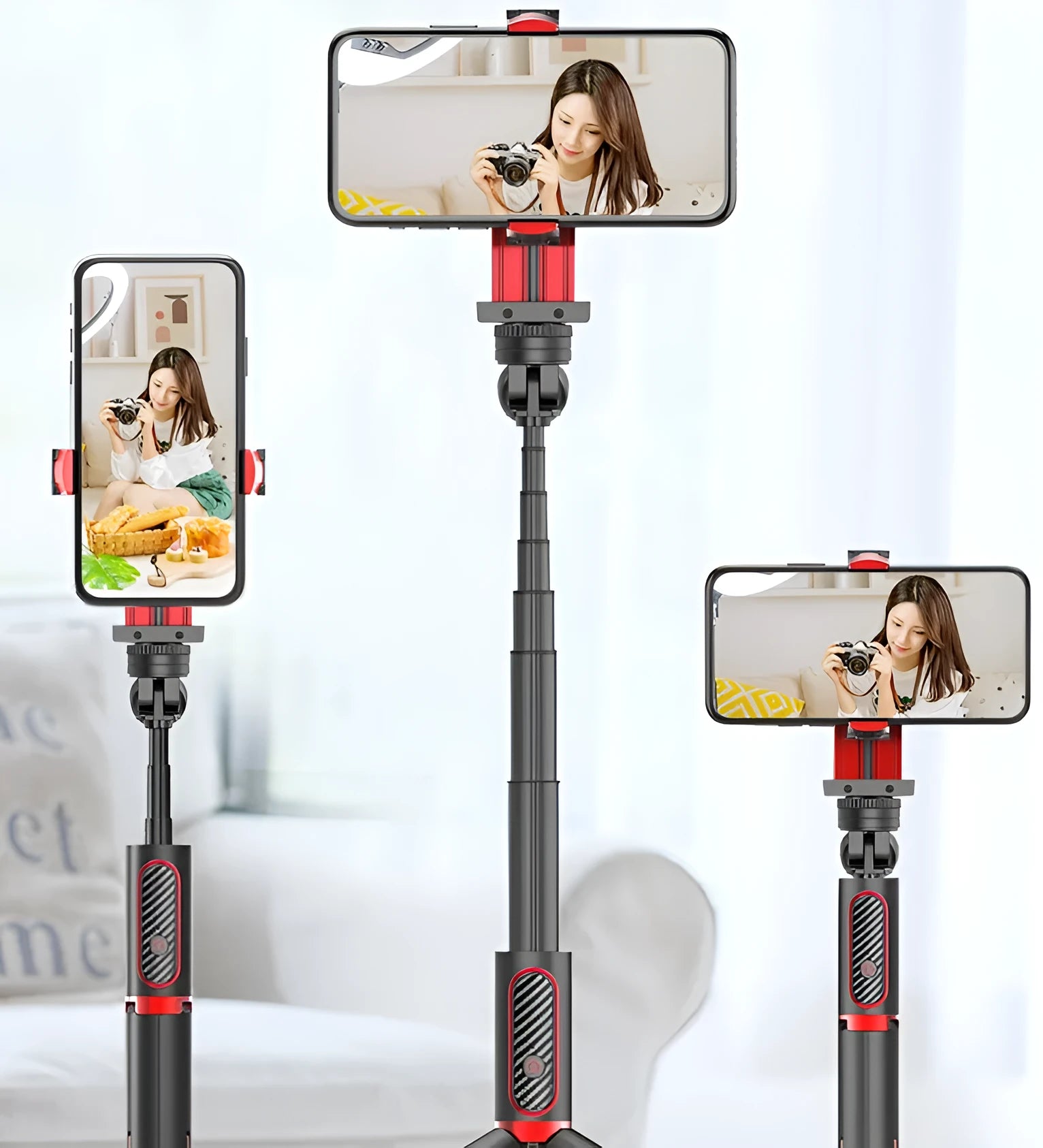 Black red aluminium video balance stabilizer tripod extended to 716mm holding an iPhone smartphone