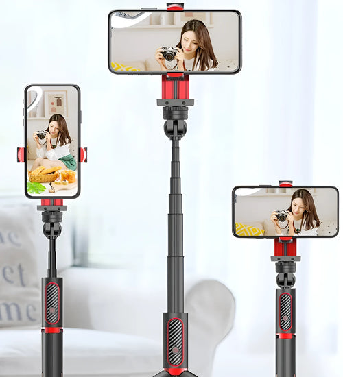Black red aluminium video balance stabilizer tripod extended to 716mm holding an iPhone smartphone
