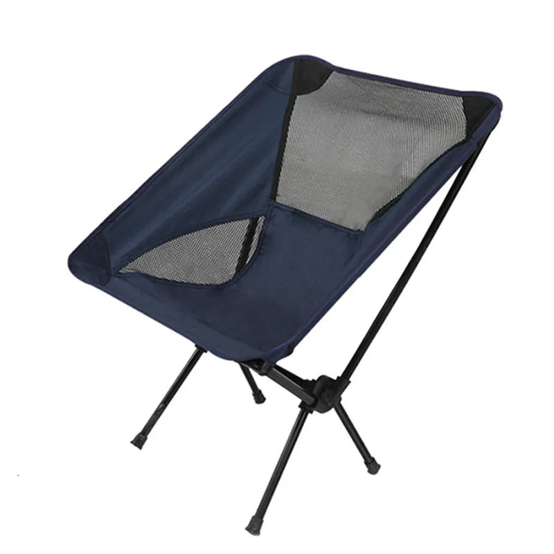 Ultralight folding camping chair with blue 600D Oxford cloth seat and iron frame folded with carry bag