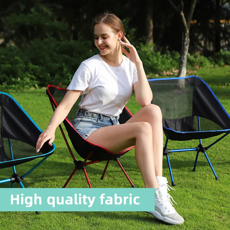 Ultralight folding camping chair with blue 600D Oxford cloth seat and iron frame folded with carry bag