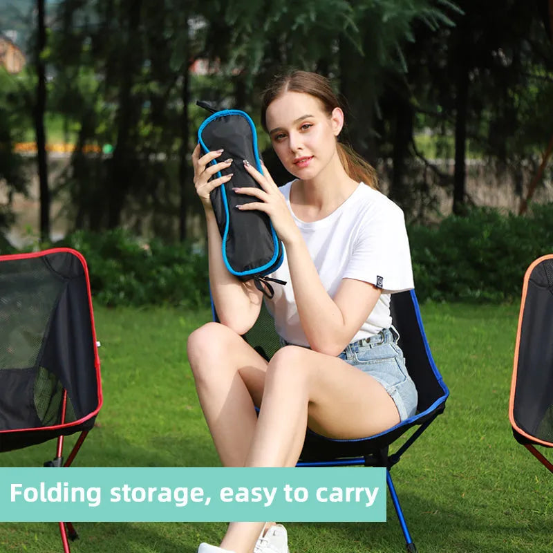 Ultralight folding camping chair with blue 600D Oxford cloth seat and iron frame folded with carry bag