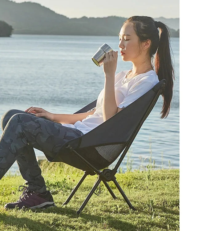 Ultralight folding camping chair with blue 600D Oxford cloth seat and iron frame folded with carry bag