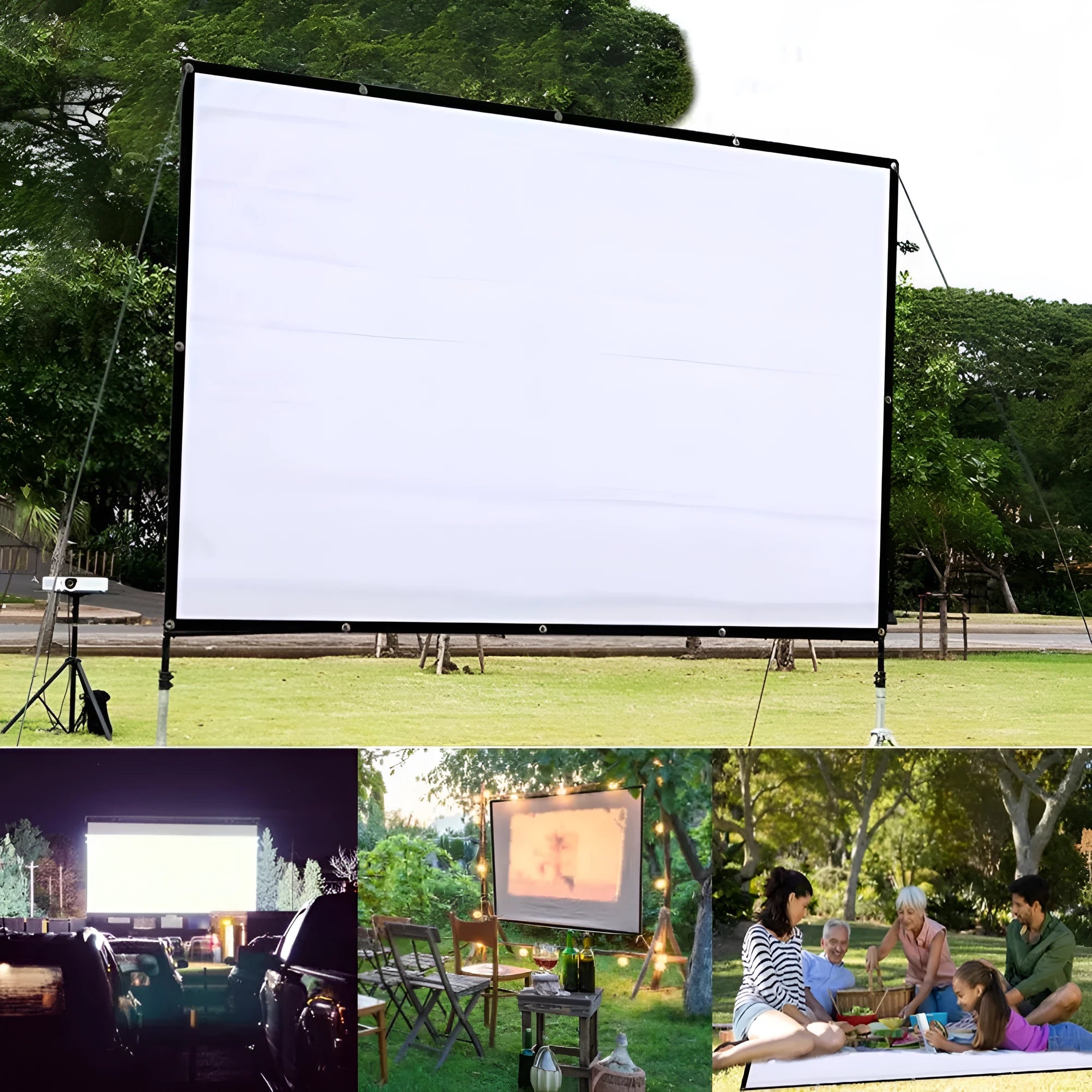 150-inch white polyester soft foldable projector screen showing 4:3 aspect ratio
