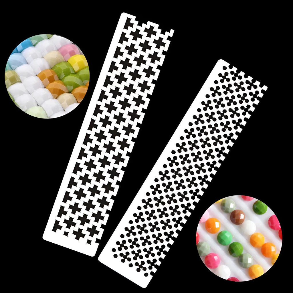 Stainless steel diamond painting grid ruler showing square and round patterns with plum ruler design