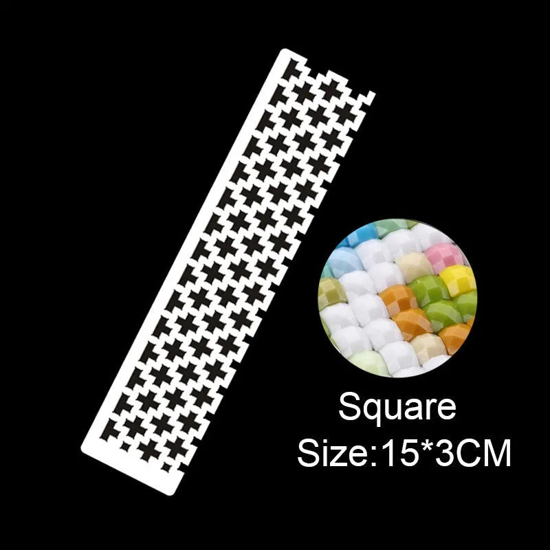 Stainless steel diamond painting grid ruler showing square and round patterns with plum ruler design