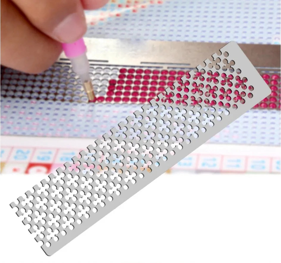 Stainless steel diamond painting grid ruler showing square and round patterns with plum ruler design