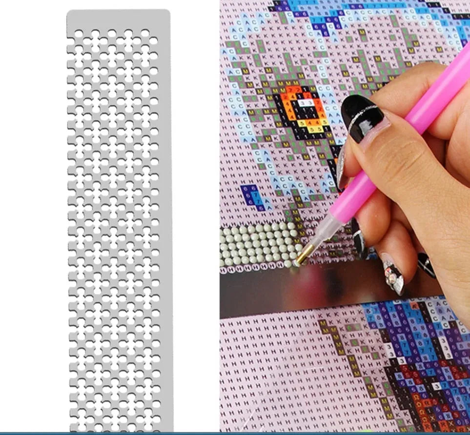 Stainless steel diamond painting grid ruler showing square and round patterns with plum ruler design