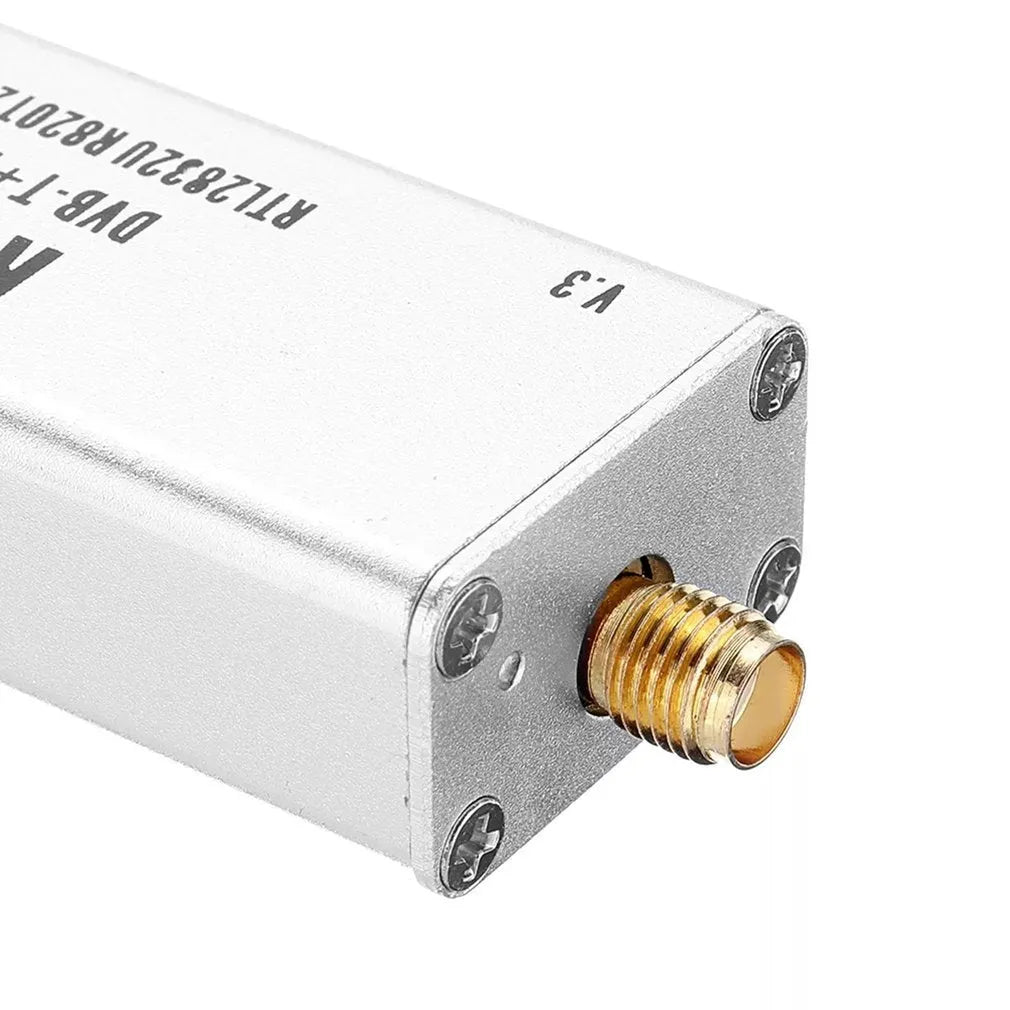 A300U black metal SDR software defined radio receiver with gold SMA connector for aviation ADS-B and 25MHz-1700MHz band.