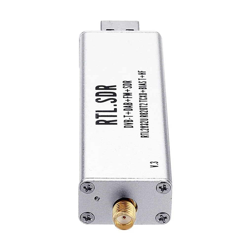 A300U black metal SDR software defined radio receiver with gold SMA connector for aviation ADS-B and 25MHz-1700MHz band.