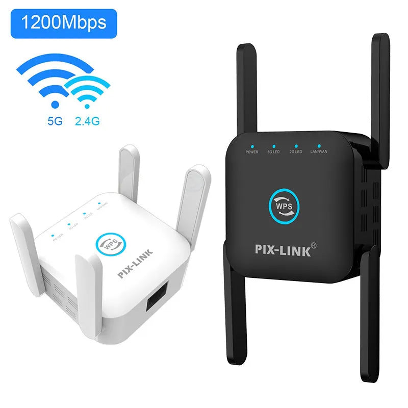 PIXLINK AC24 dual-band wireless WiFi extender router in black and white colour options
