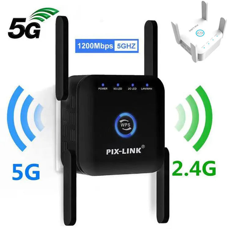 PIXLINK AC24 dual-band wireless WiFi extender router in black and white colour options