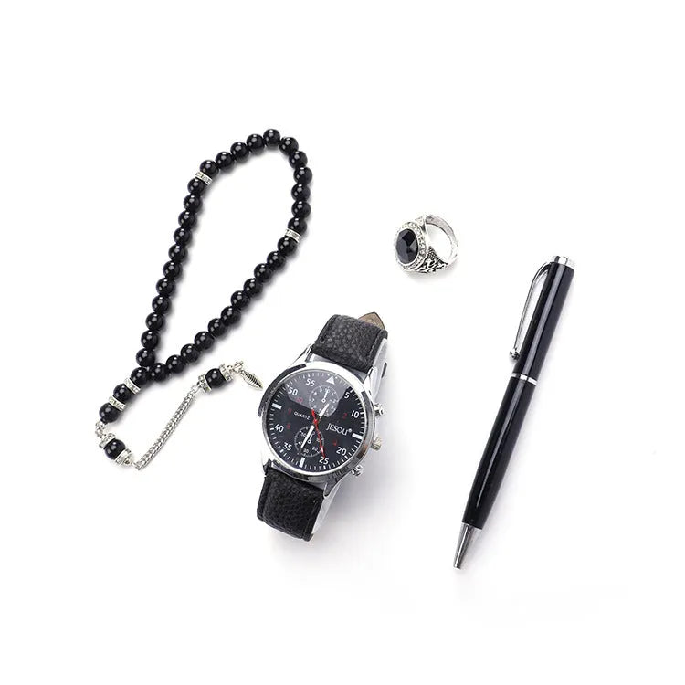 Boutique gift set with quartz watch rosary ring and pen in black epoxy finish