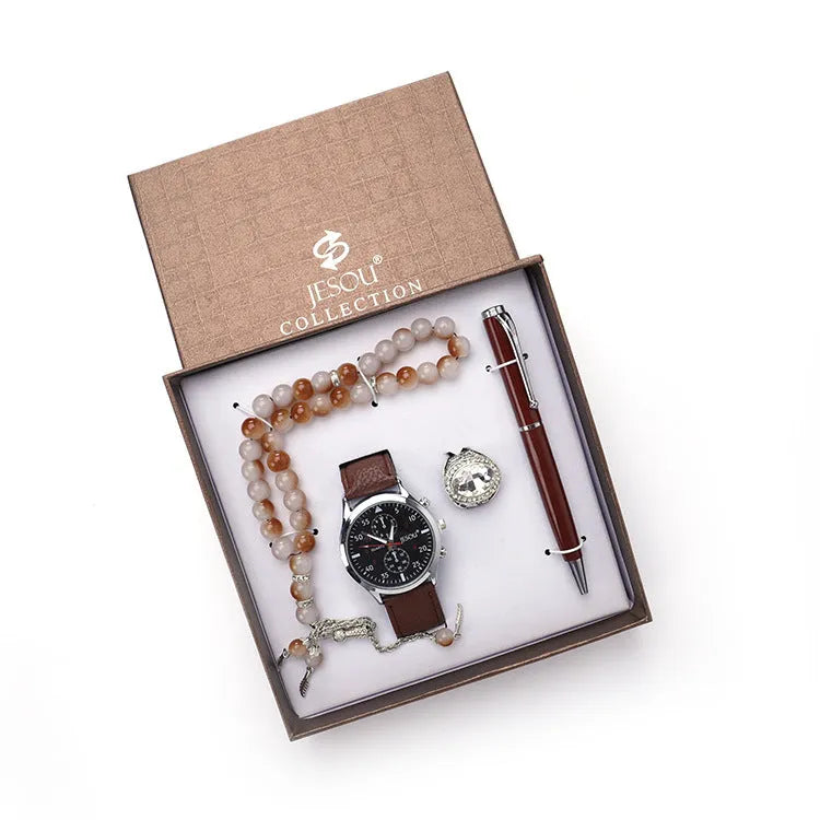 Boutique gift set with quartz watch rosary ring and pen in black epoxy finish