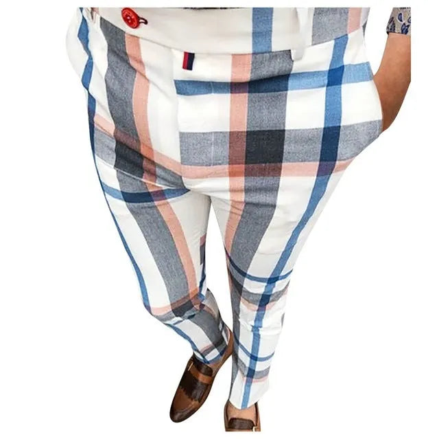 Men's streetwear plaid trousers in slim fit straight leg, blue colour option, mid waist design