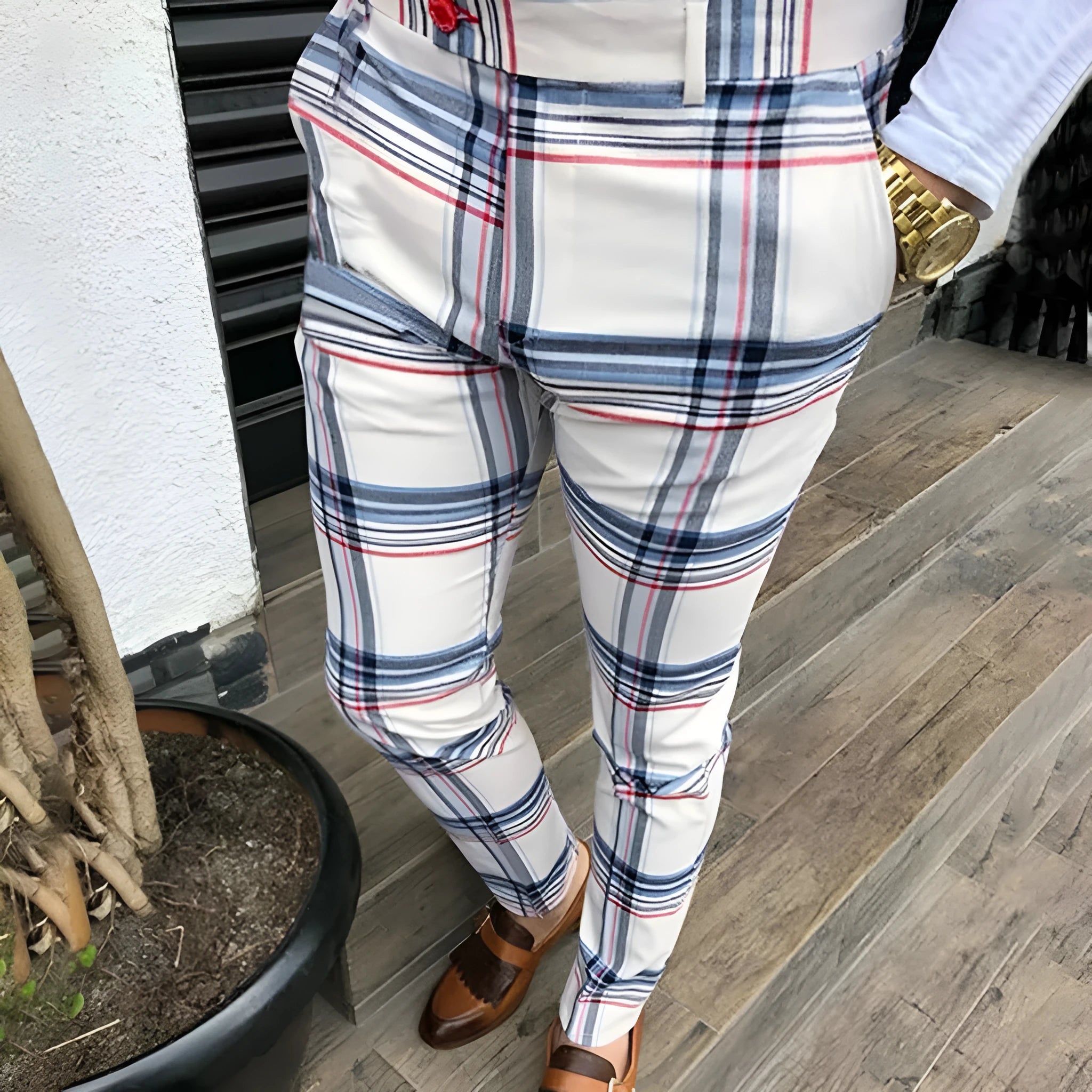 Men's streetwear plaid trousers in slim fit straight leg, blue colour option, mid waist design