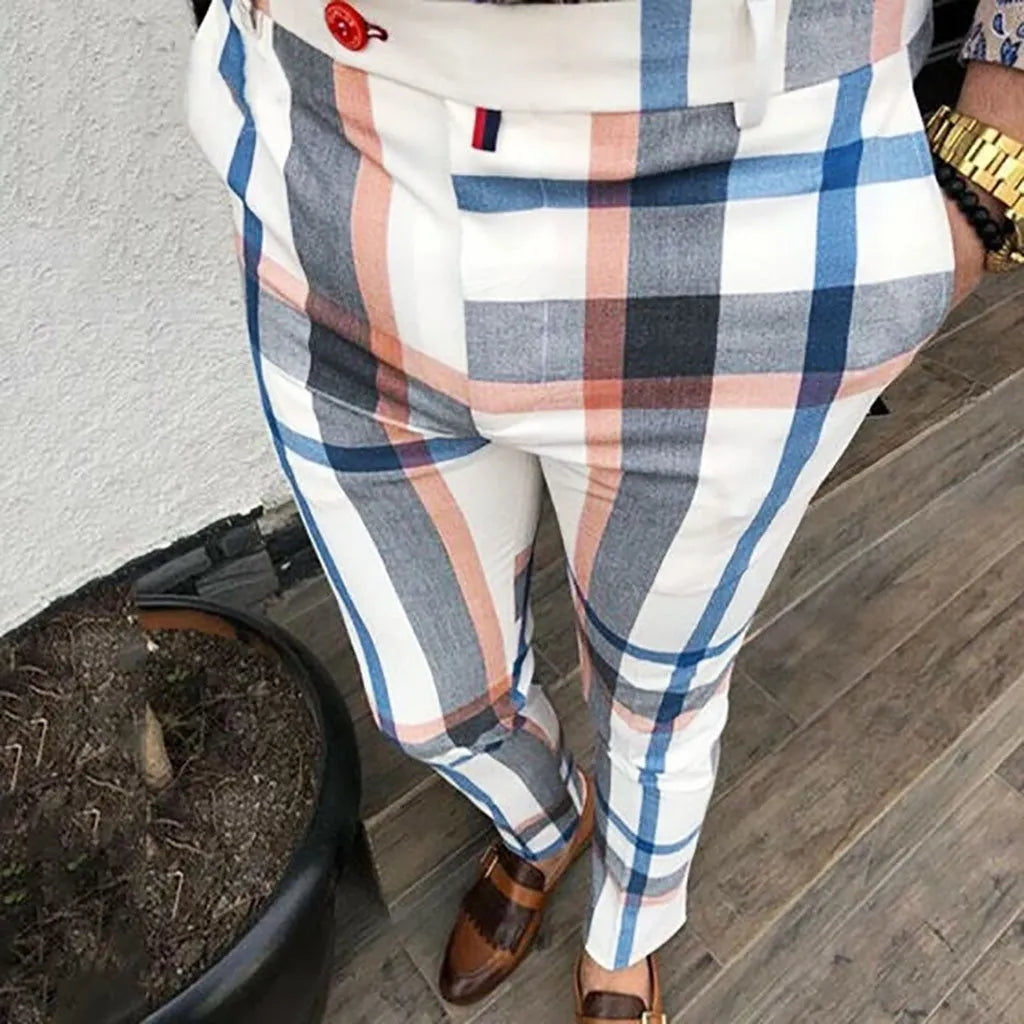 Men's streetwear plaid trousers in slim fit straight leg, blue colour option, mid waist design